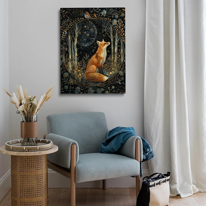 Nordic Rustic William Morris Fox Wall Art, William Morris Moon & Stars Print, Vintage Animal Poster Decor for Living Room, Bedroom 24x36in Large Frame Wall Art