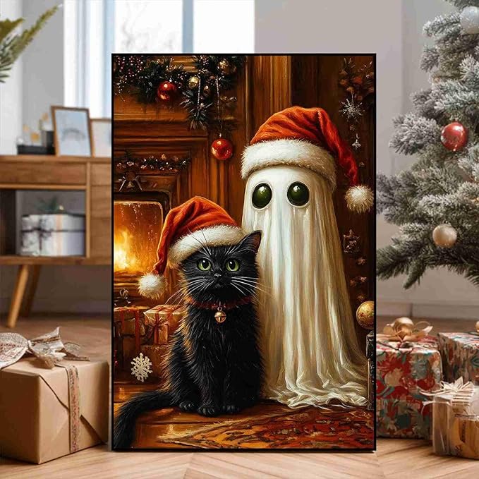 Christmas Pet Canvas Print Ghost and Cat Painting Christmas Cat and Ghost Whimsical Holiday Decor Rural Art print Indoor Decor for Home Living Room Bedroom Pet Lover Bedroom Framed Ready to Hang