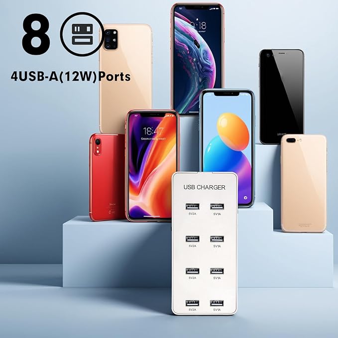 USB Wall Charger USB Charging Station for Multiple Devices 8-Ports Power Hub Strip Smart Charger Block Compatible with iPhone, Galaxy, iPad Tablet, and Other Devices（White）