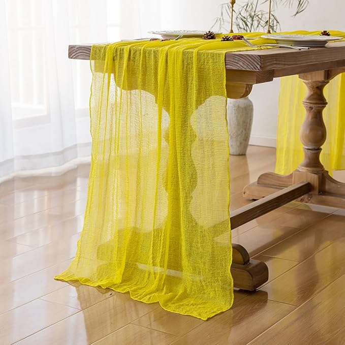 Keketoarrange Yellow Easter Table Runner Rustic Gauze Cheesecloth Table Runner 120 Inch 10 FT for Wedding Baby Shower Bridal Shower Engagement Garden Party Long Sheer Spring Summer Home Decorations
