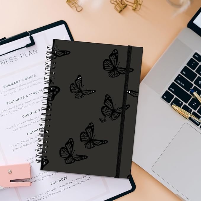 Spiral Notebook,Hardcover Journal Wide Ruled Spiral Notebook,A5 5.5 x 8.3 Inch,80GSM Thick Paper 60 Sheets 120 Pages for Girls Women School Office Aesthetic Cute-Gray Black Butterfly