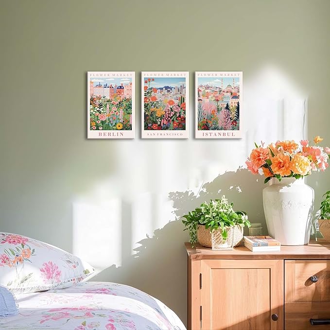XLARTMY Flower Market Wall Art Prints Canvas Orange and Pink Floral Paintings Colorful Botanical Travel Flower Posters for Home Decor Pictures Set of 3 for Living Room Bedroom 12x16in