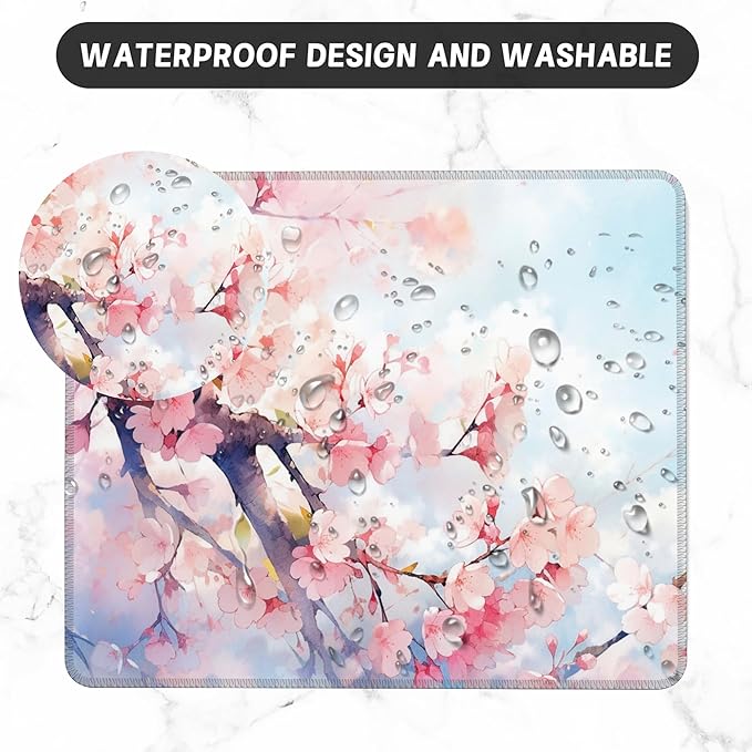 Mouse Pad, Watercolor Pink Cherry Blossoms Mouse Pads for Desk,Soft Computer Mouse Mat Square Waterproof Non-Slip Rubber Base Gaming MousePads for Women Men,Laptop,Office
