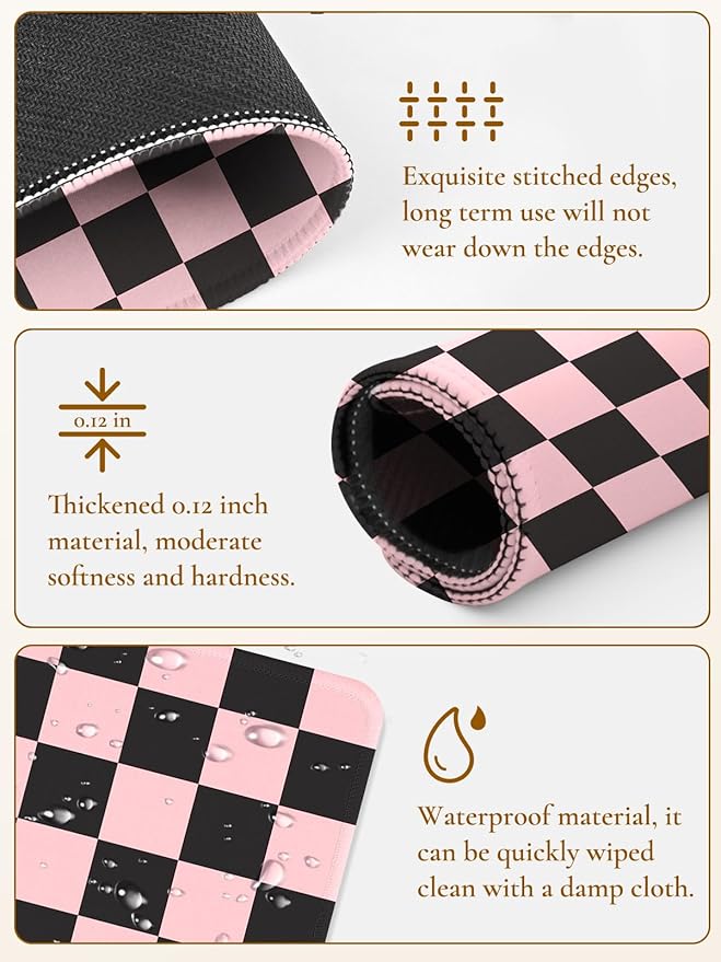 Cute Pink Mouse Pad,Retro Checkered Pattern Mousepad,Square Aesthetic Plaid Waterproof Grid Mouse Mat Design, Non-Slip Rubber Base Computer Funny Boho Mouse Pads, Desk Accessories,Black Pink