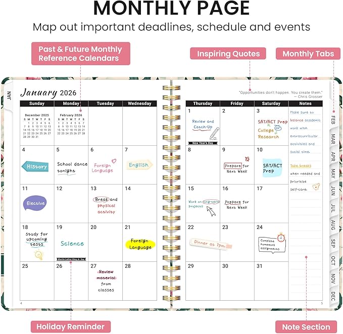 2026 Planner, Weekly and Monthly Calendar Planner for Women, Jan 2026 - Dec 2026, Hardcover Planning Agenda book with Tabs, Spiral Bound, Inner Pocket, Perfect for School Office Supplies, 6.3" x 8.5" - Blush Peony