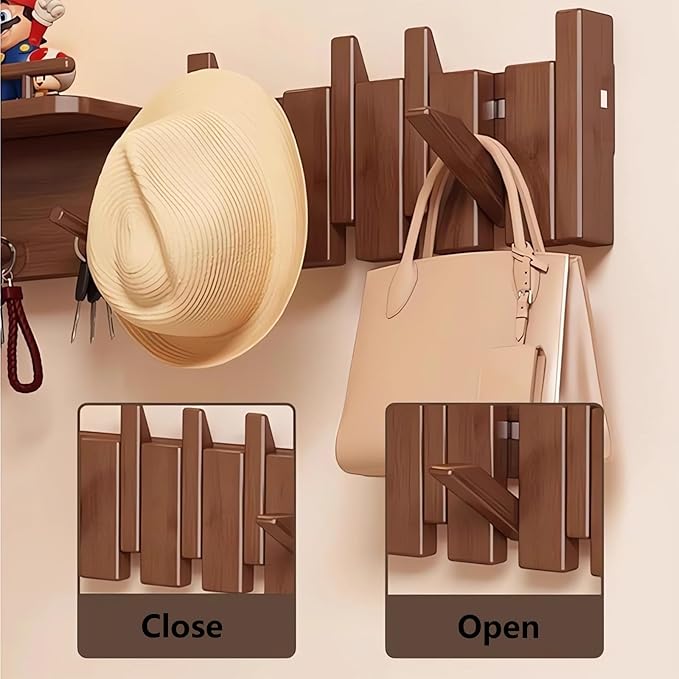 Wall Mounted Piano Key Hanger | Flip Style Hook | Entrance Wall Art Hook, Made of Oak Wood (3 Times Painted, 4 Times Polished) (Fence Walnut, 8Hooks)