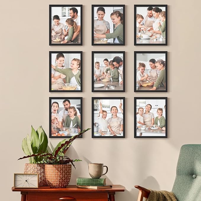 Renditions Gallery Set of 9, 8X10 Custom Photo Prints with Real Wood Picture Frames. Create Personalized Photos with Peel & Stick Photo Frames. Black Frame