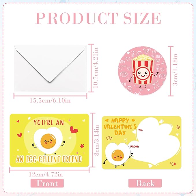 Valentines Day Cards for Kids Classroom, 36 Pcs Funny Food Exchange School Set with Stickers, Cute Snack Dessert Valentine Day Card Gifts for Kids Class Party Supplies