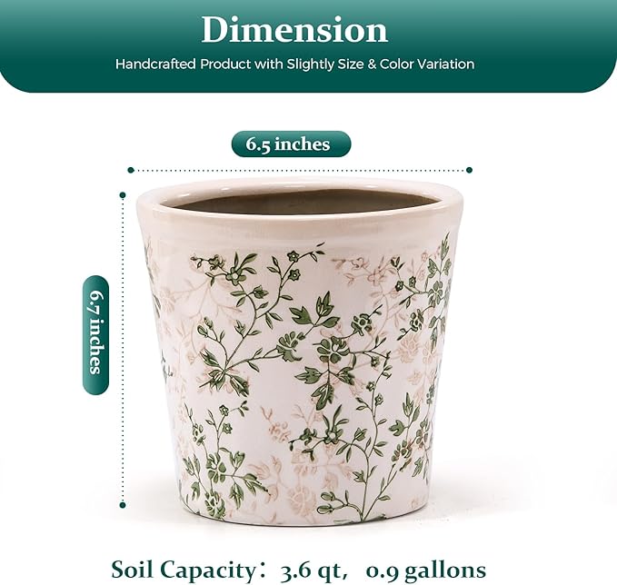 Ceramic Planter Without Drainage Hole, 6.7 Inch - Indoor/Outdoor Flower Pot for Orchids, Succulents, Green Floral Modern Farmhouse Design Plant Pot for Home,Office & Garden Décor, Ideal Gift