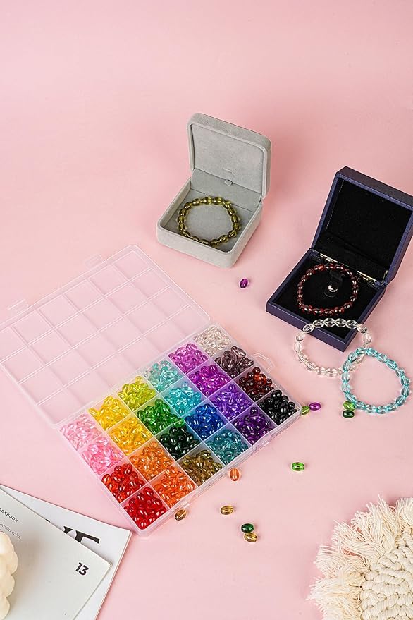 REVKI 8 * 10mm Glass Beads Bracelet Making Kit,500pcs 24 Colors Rice Shaped Natural Bamboo Crystal Beads for Jewelry Making,Teardrop Glass Beads for DIY Necklace Crafts