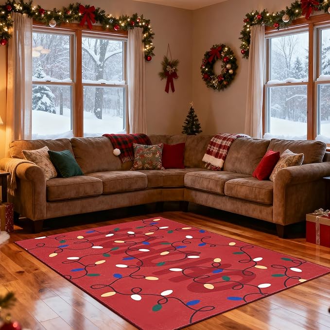 jinchan Jingle Lights Christmas Rug 4x6 for Living Room Bedroom Red Holiday Decorative Rug for Dining Room Foyer Colored String Lights Printed Xmas Decor Washable Non Slip Floor Carpet