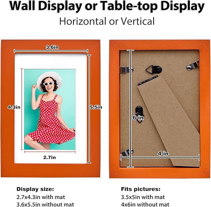 KINLINK 4x6 Frame Orange, Solid Wood 4 x 6 Picture Frame with Acrylic Plexiglass for 3.5x5 with Mat, Tabletop and Wall Display Photo Frames 4x6 Orange, 4 Pack