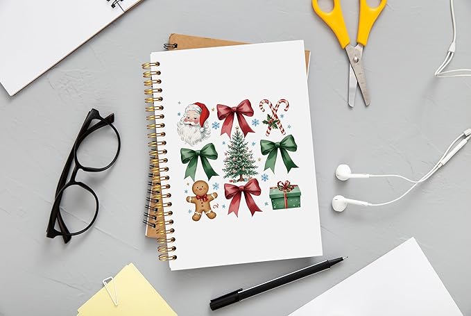 Christmas Notebook, Coquette Red and Green Bow Santa Gingerbread Christmas Journal, Christmas Office Gifts, Christmas Preppy Gifts for Women, Spiral Notebook 5.5x8.3 Inch