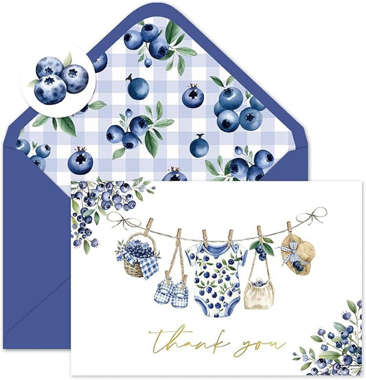 Whaline 50 Pcs Baby Shower Thank You Cards Greeting Cards with Envelopes Stickers Gold Foil Blue Berry Plaid Baby Cloth Blank Note Cards for Birthday Party Supplies, 4 x 6 Inch