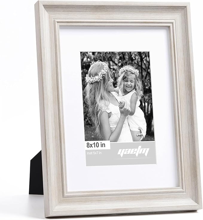 Yaetm 8x10 Picture Frame Matted to 5x7 Set of 4, 1.4” Wide Molding & Rustic White Photo Frames 8 x 10 with Tempered Glass, Display on Tabletop & Wall Mounting (4 Pack, White)