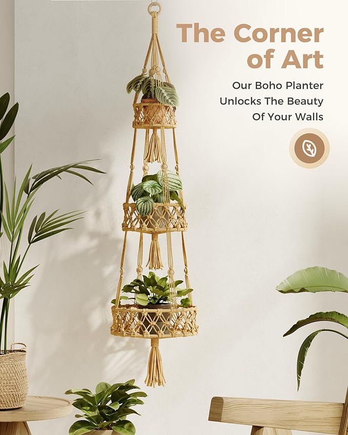 Leaf&lull Macramé Plant Hanger Indoor 3-Tier Hanging Planters for Indoor Outdoor Plants Boho Hanging Plant Holder Woven Plant Basket Decorative Haning Flower Pot Holder for Home Decor