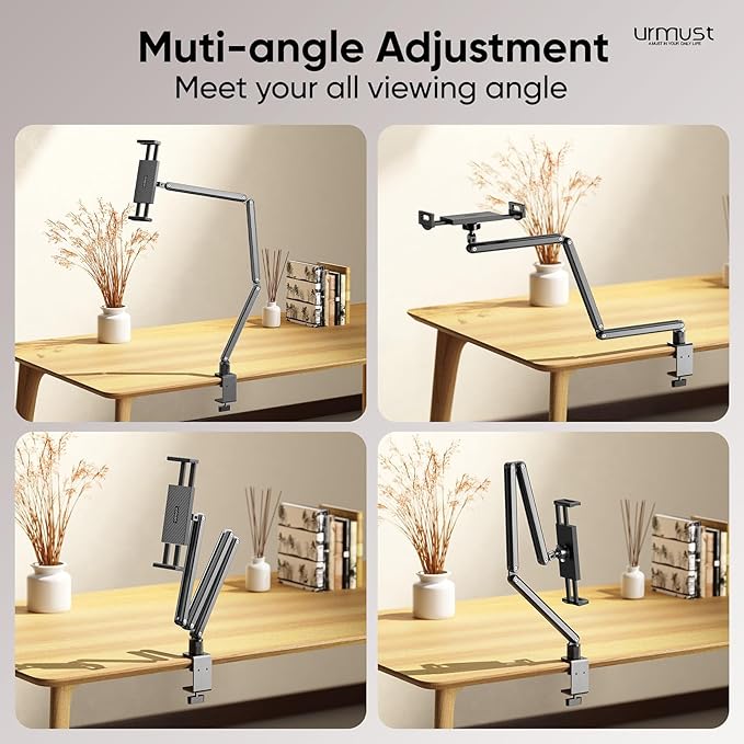 Urmust Tablet Stand for Desk, Adjustable iPad Holder Clamp Mount, 360° Rotation, Sturdy Aluminum Tablet Arm Mount for 4.7"-15.6" iPad Pro/Air/Mini, iPhone, Galaxy Tab, for Kitchen, Work, Video Call