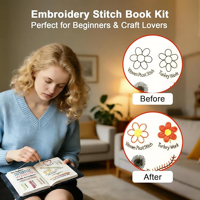 Funcupri ﻿2026 New Embroidery Stitch Book Kit,Beginner Embroidery Kit for Adults, Hand Embroidery Kit for Sew Enthusiast