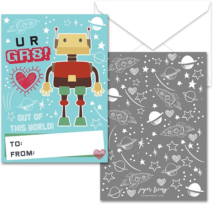 Paper Frenzy Robot Themed Valentines - 25 pack WITH ENVELOPES