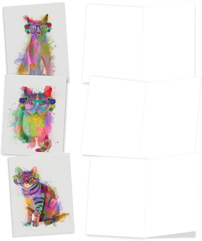 The Best Card Company 20 Assorted Blank Notecards Bulk Box Set 4 x 5.12 Inch with Envelopes (10 Designs, 2 Each) Funky Rainbow Cats AM6199OCB-B2x10