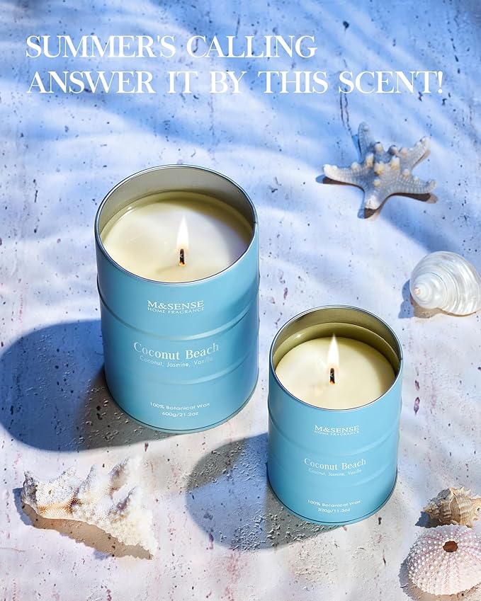 M&SENSE Coconut Beach Scented Candles Beach Soy Candle, Summer Candle for Stress Relief Meditation Relaxing, Housewarming Gifts for Women Men, 11.3oz 70 Hour Long Burning