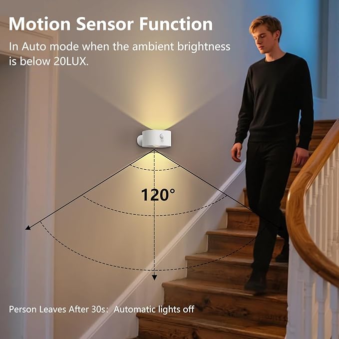 Motion Sensor Wall Light Indoor, Battery Operated Sconce 360°Rotate, Rechargeable Cordless Night Light, Touch Dimmable 3 Brightness, UP Down LED Wall Lamp for Stairs, Closet, Bedroom, Bathroom