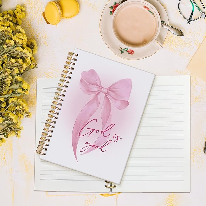MOFUYU Prayer Journal for Woman,Bible Study Notebook,Coquette Pink Bow Notebook for Bible Notes,God is Good,Cute Notebooks for Women,Pink School Supplies Hardcover Spiral Notebook 5.5x8.3 Inch