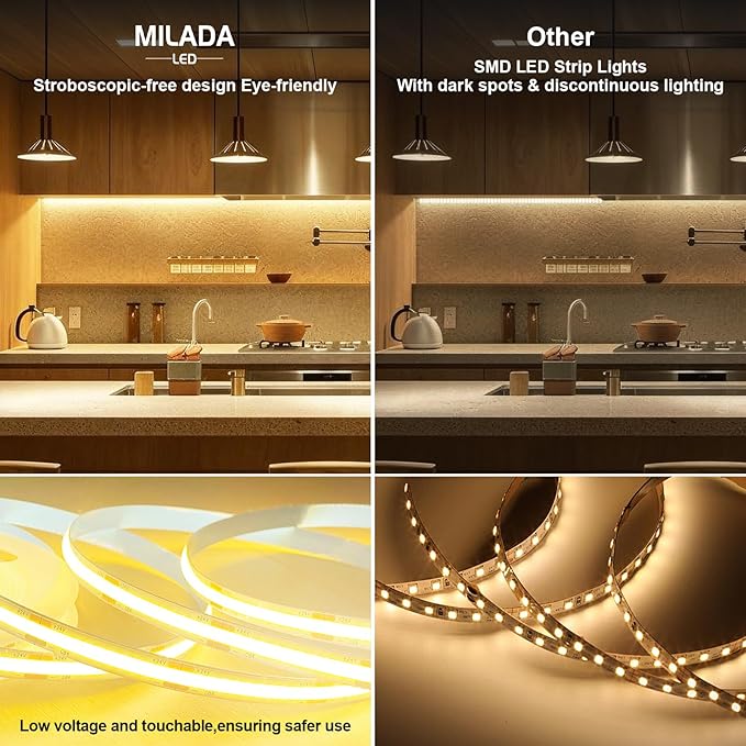 COB LED Strip Light 3000K 40FT/12M warm white led strip Dimmable High Lumen Strip with IR Remote 24V UL Certified Adapter Suitable Adhesive Indoor COB LED Strip for Bedroom Living Room, Shelf, Cabinet