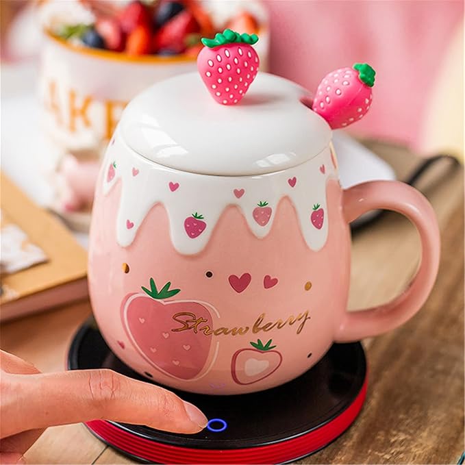 Coffee Mug Cups Ceramic Tea Cup Fruits Strawberry Shaped Handmade Cute Mugs With Lid Spoon Handle Office Home Hot Ice Chocolate Milk Mugs Gifts Microwave Dishwasher Safe Travel Mugs (Pink)