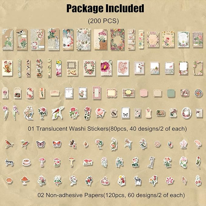 200PCS Vintage Scrapbooking Supplies Kit for Journaling, Scrapbook Sticker Paper Pack for for Bullet Journals Junk Journal Planners Aesthetic Cottagecore Room Decor Wall Art Collage Album