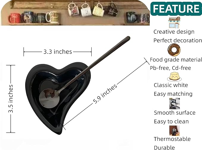 Coffee & Tea Spoon and Rest Set for Coffee Bar Accessories, Heart Cute Mini & Small Coffee Spoon Rest & Holder for Coffee Station & Bar, Teaspoon Rest & Holder (Black Rest with Black Spoon*2)