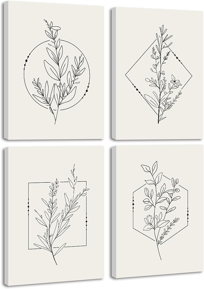 Drsoum Botanical Flower Boho Framed Wall Art Wooded Minimalist Aesthetic Floral Prints Farmhouse Retro Plants Rustic Bathroom Kitchen Home Decor Ready to Hang 12x16inx4pcs (Framed)