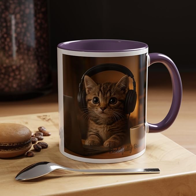 Adorable Cat Coffee Mug, Cute Kitten with Earphones, Pet Lover Gift, Tea Cup, Animal Lover Mug, Coffee Cup