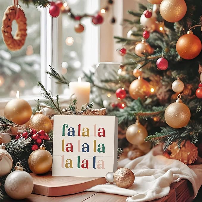 Merry Christmas Sign, Christmas Decoration Wooden Box Sign, Fa La La La Holiday Winter Decor for Table Home Bedroom Shelf Office Desk,Xmas Decorations 5x5