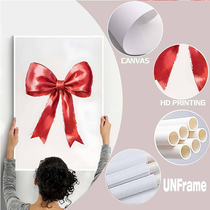 Canvas Wall Art Vintage Red Christmas Bow Wall Art Winter Home Decor Red Bow Print Holiday Christmas Decor 20x30in-UnFramed