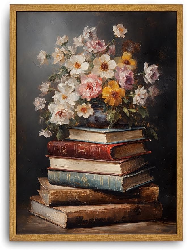 Djmwtb Vintage Framed Wall Art Floral Book Canvas Wall Art Literary Art Prints Flower Painting Moody Pictures Wall Decor Artwork for Living Room Bedroom Bathroom Office 8x10in