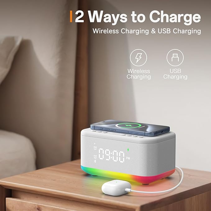 Alarm Clock Speaker Wireless Charger, Digital Alarm Clocks Bedrooms Bluetooth, Alarm Clock Dimmable Light Bedrooms Bluetooth Speaker Dual Alarm Snooze 12/24H Dimmer Support USB AUX, White