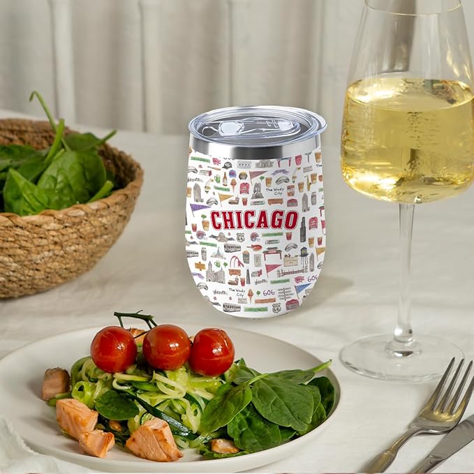 Chicago Gifts Travel Souvenir Wine Tumbler 12 oz Insulated Wine Glass Cup with Lid Straw Vacuum Insulated Cup,Travel Lover Gifts for Women Men Friend Sister Birthday Christmas Appreciation
