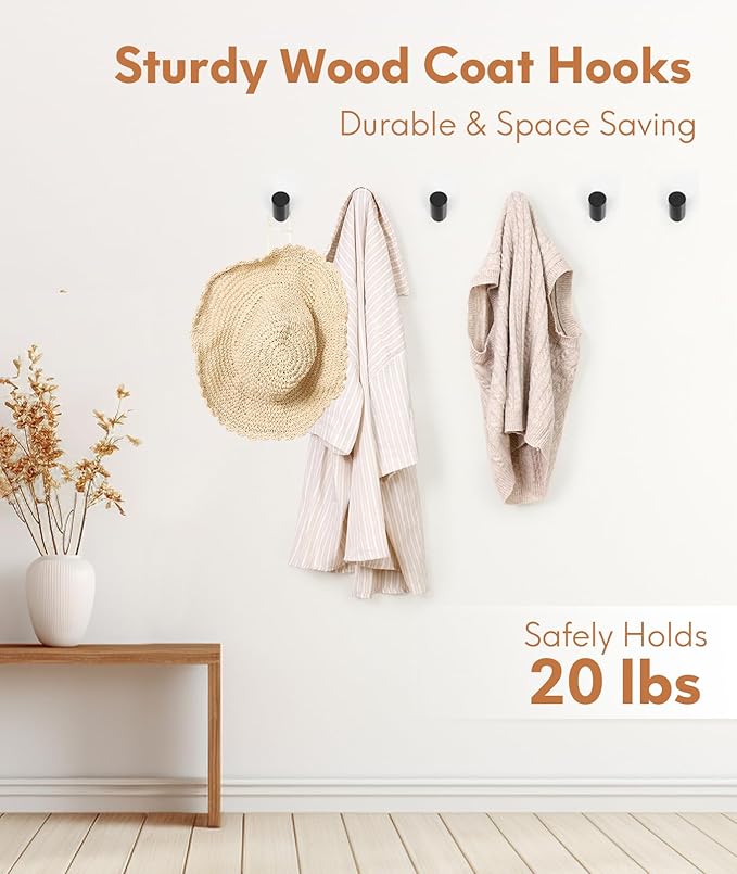 Wood Wall Hooks for Hanging, 4 Pack Hat Hook for Walls, Coat Hook Wall Mount, Backpack Hooks for Walls, Bathroom Towel Hanger (Black)