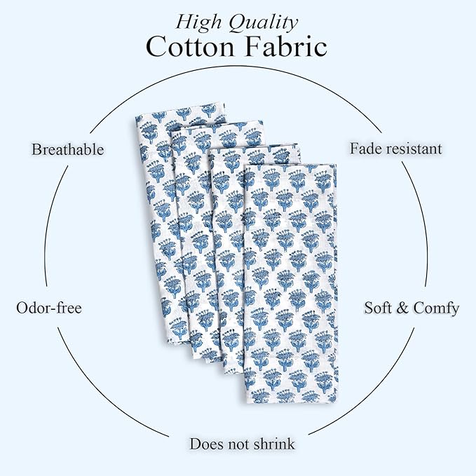CPC Cloth Napkins 100% Cotton Set of 4 Reusable Napkins, Indian Block Print Toile Floral Dinner Napkin, Fall Thanksgiving Christmas Holiday Party Gift - Soft Absorbent Napkin, 18"x18" Apatite Blue