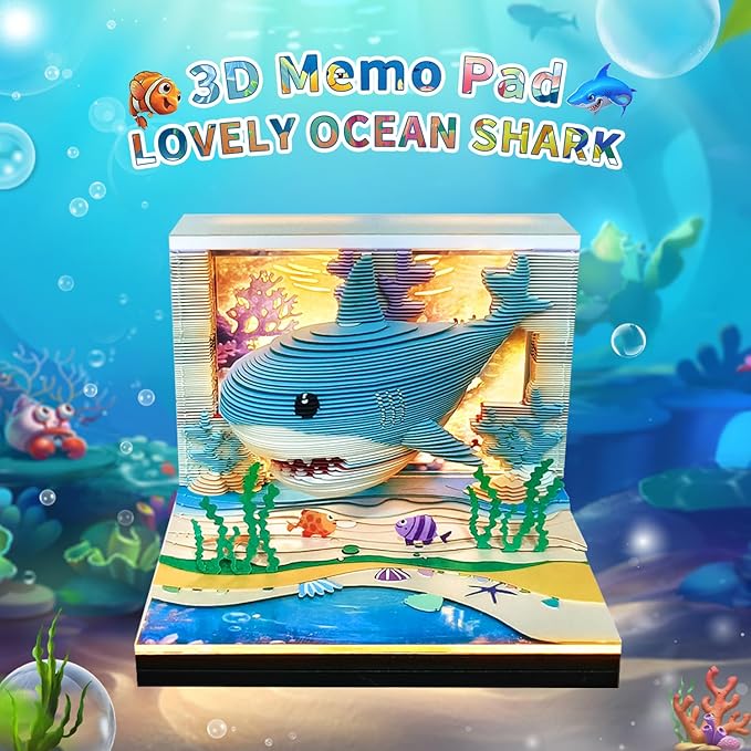 3D Time Piece Calendar 2026 3D Tear Away Art Memo Pad Notepad Desk Calendar with Light,3D Art Calendar Desktop Decoration Gift for Christmas (Ocean Shark)