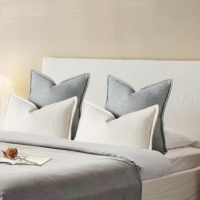 12x20 Linen Pillow Covers Beige Pack of 2 Farmhouse Boho Neutral Accents Striped Textured Rectangular Lumbar Decorative Throw Pillow Cases for Living Room Couch Bed Home Decor