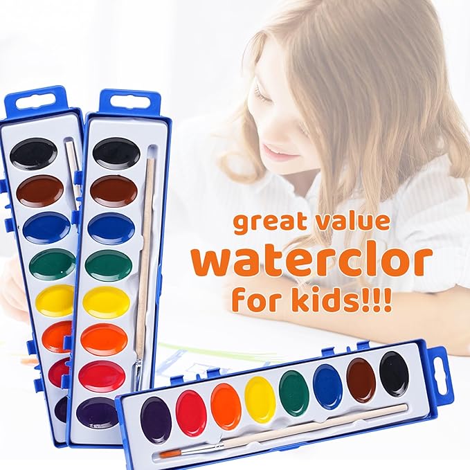 24 Pack Washable Watercolor for Kids, 8 Colors Non-Toxic Water Color Paint with Wood Brushes, Ideal for Classroom, Party Favors, Art Supplies, Christmas Gift