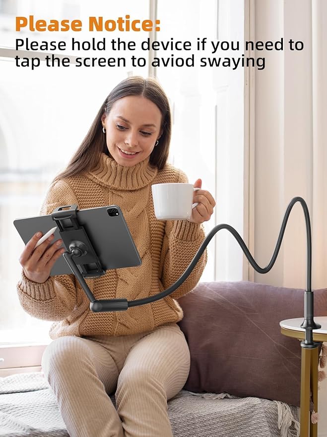 SAIJI 47" Gooseneck Kindle Holder, Tablet Holder for Bed with Upgraded Base, iPad Stand with Flexible Lazy Arm, Compatible with iPad/iPhone/Kindle/Switch or Other 4.7-11" Device (Black)