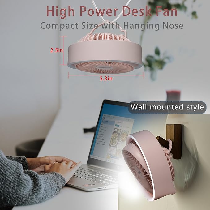 Pink Desk Fan, Small Quiet with Ambient Light/Hook Portable USB Fan 5.3in High Power 3000mAH Rechargeable Battery Operate 3 Speed 180°Rotated Easy Clean