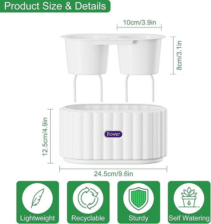 HOSUN 4 Inch Dual Compartment Self Watering Planter - Indoor Plastic Plant Pot with Drainage Holes, Reservoir & Wicking Rope, Low Maintenance Modern Flower Pot for Succulents/Aloe Vera (White)