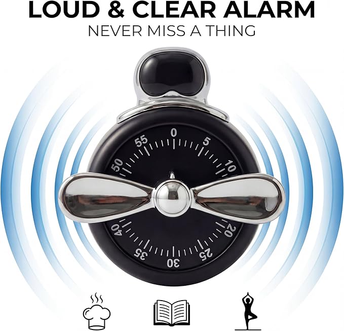 Visual Timer, Cute Magnetic Mechanical Kitchen Timer for Cooking, No Batteries Required, 60-Minute Countdown Clock for Study, Classroom, Baking, Yoga, Pomodoro - Loud Alarm (Retro Black (Pilot Style))