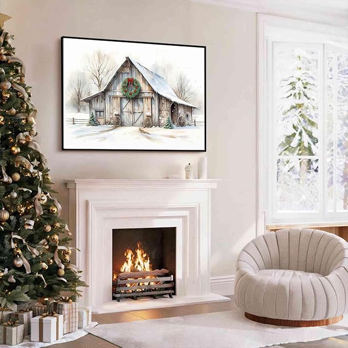 Rustic Landscape Wall Decor Barn Winter Cottage Wall Art Holiday Landscape Painting Rustic Winter Print Christmas Gingerbread Poster Indoor Decor for Living Room Bedroom Cabin Framed Ready to Hang