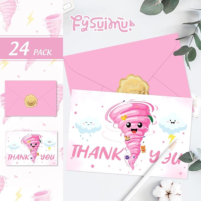 24 Pack Two-nado Party Thank You Card Pink Tornado Greeting Cards with Envelopes Stickers Blank Note Cards for 2nd Birthday Baby Shower, 4 x 6 Inch
