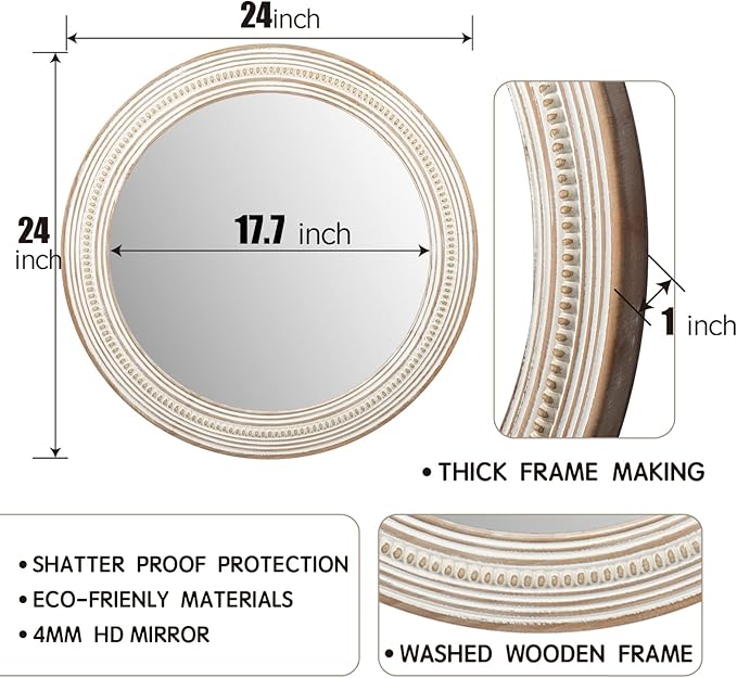 24 Inches Farmhouse Round Wooden Mirrors for Wall Decor, Rustic Decorative Circle Mirror for Home, Office, Bedroom, Bathroom, Living Room, Entryway - Housewarming Gift